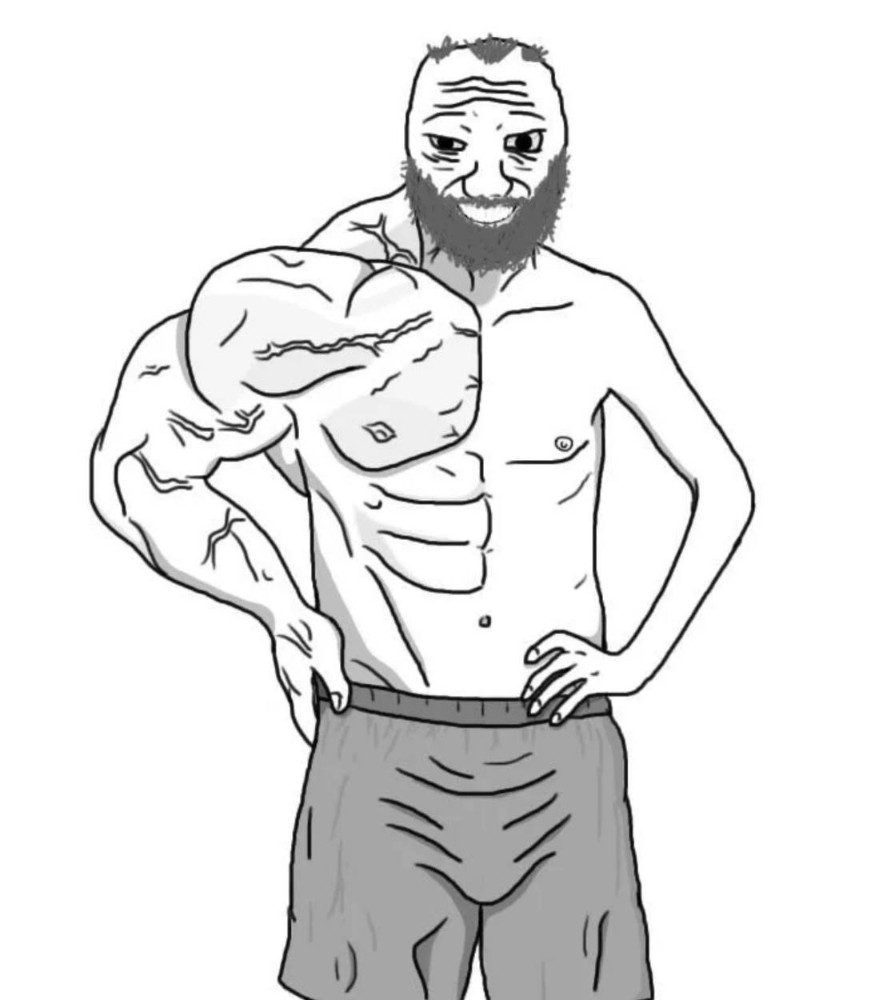 右半身だけが不自然に筋肉隆々のひげ面の男性