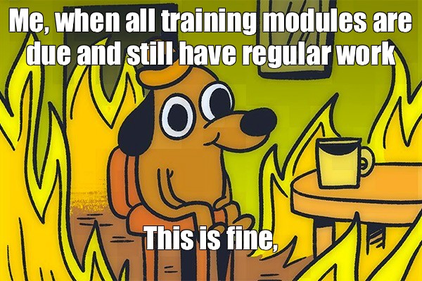 Meme: "Me, when all training modules are due and still have regular ...
